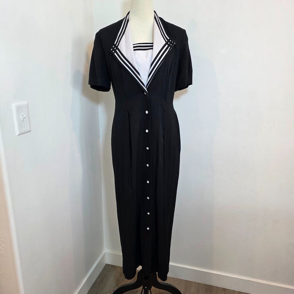 Vintage 1980s Dress Barn Sailor Dress Maxi Medium Dainty Nautical Retro Black